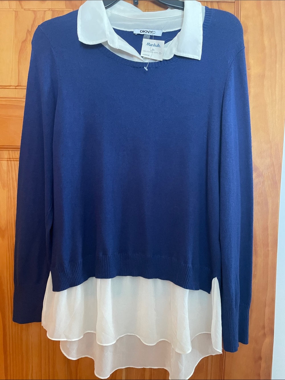DKNYC royal blueSweater Top with White Chiffon Collar and Hem